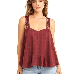 Free People The Romantics NWT Lace Strap Tank Top Burgundy Boho Flowy Size S